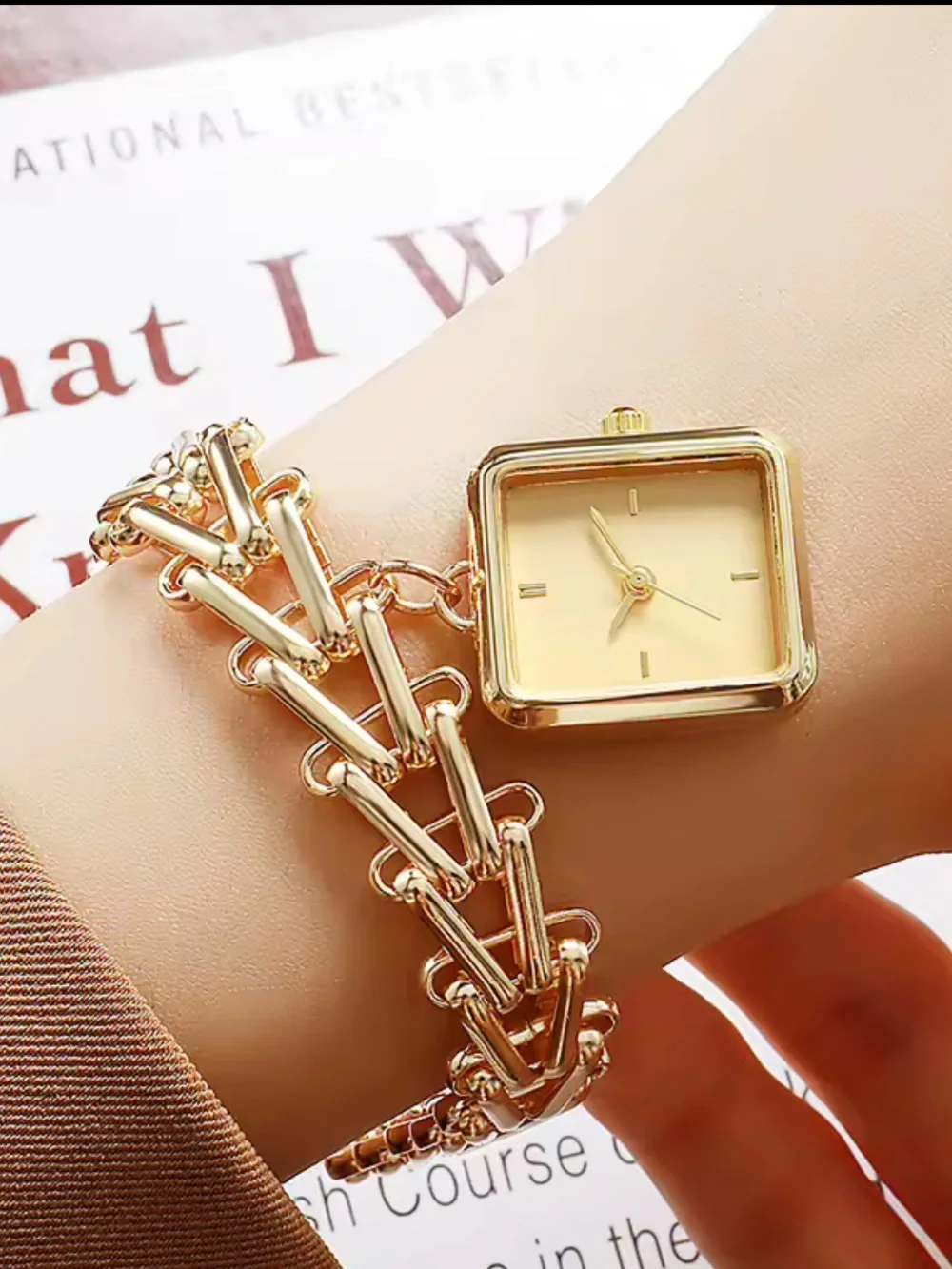 Gold-Tone Chain-Link Square Dial Women's Watch